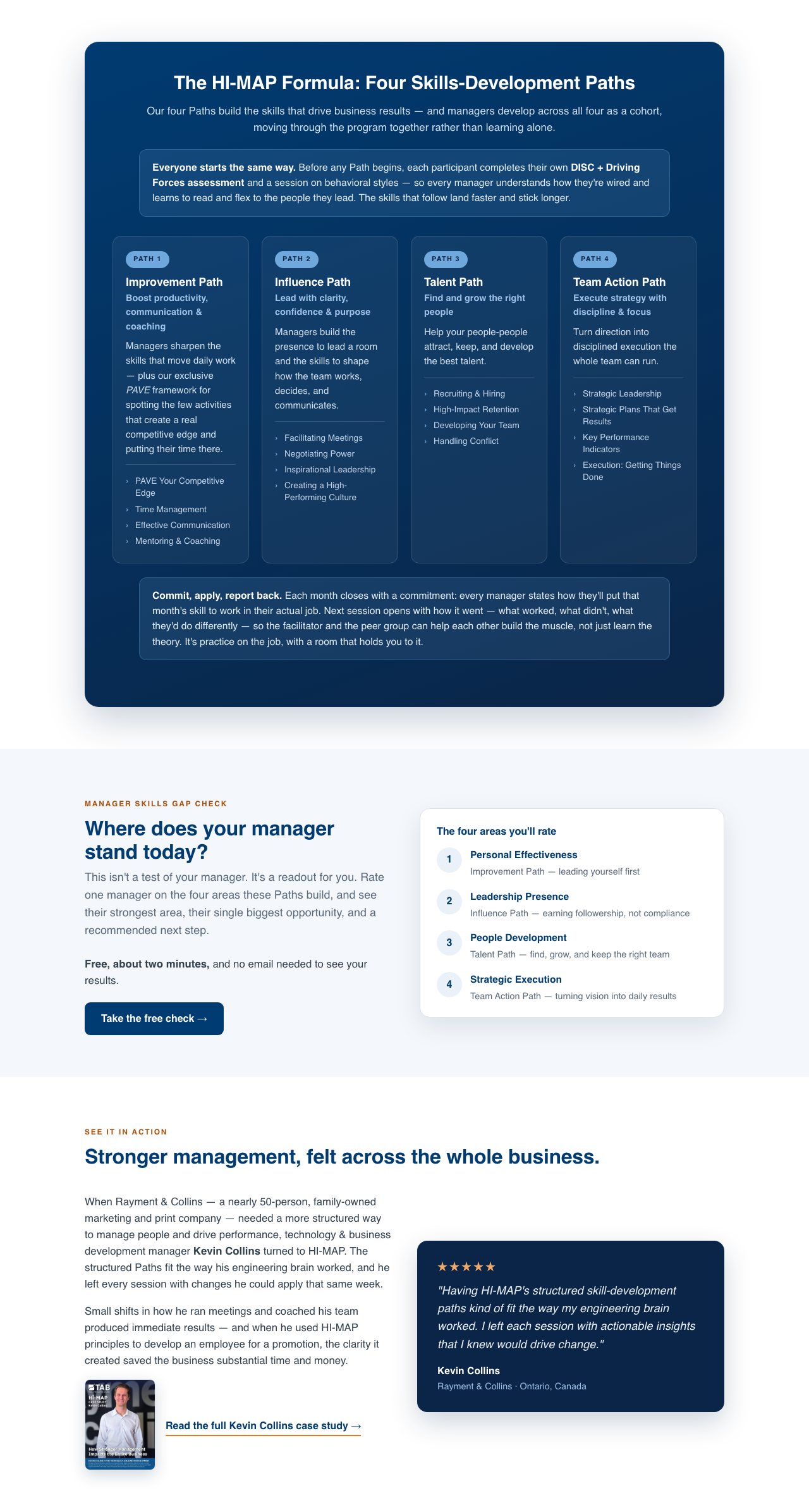 Proposed HI-MAP page on desktop: a new Manager Skills Gap Check section between the Four Paths and the Kevin Collins story.