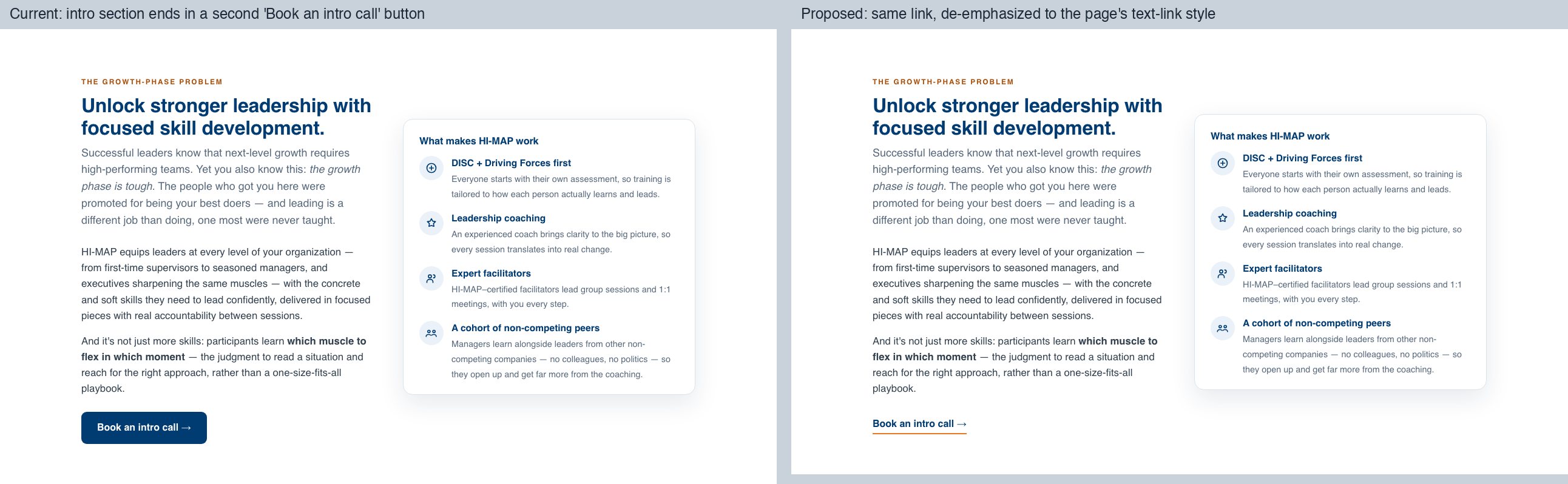 Intro section, before and after: the second Book an intro call button becomes a text link with the same words and destination.
